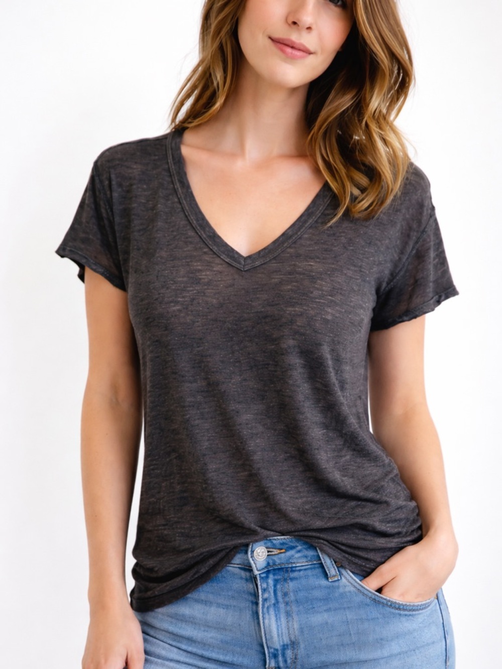 BOBEAU Burnout V Neck Tee Black Semi Sheer Lightweight Relaxed Top Size Small